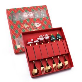 6pcs /Pack Christmas Cartoon Shape Stainless Steel Tableware - Gold - Style B Spoon Fork+Red Box