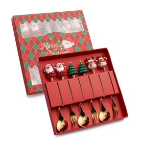 6pcs /Pack Christmas Cartoon Shape Stainless Steel Tableware - Gold - Style C Spoon Fork+Red Box