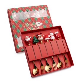 6pcs /Pack Christmas Cartoon Shape Stainless Steel Tableware - Gold - Style D Spoon Fork+Red Box