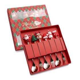 6pcs /Pack Christmas Cartoon Shape Stainless Steel Tableware - Silver - Style D Spoon Fork+Red Box