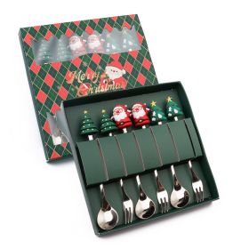 6pcs /Pack Christmas Cartoon Shape Stainless Steel Tableware - Silver - Style A Spoon Fork+Green Box
