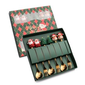 6pcs /Pack Christmas Cartoon Shape Stainless Steel Tableware - Gold - Style C Spoon Fork+Green Box