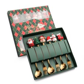 6pcs /Pack Christmas Cartoon Shape Stainless Steel Tableware - Gold - Style D Spoon Fork+Green Box