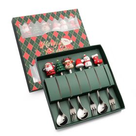 6pcs /Pack Christmas Cartoon Shape Stainless Steel Tableware - Silver - Style D Spoon Fork+Green Box