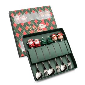 6pcs /Pack Christmas Cartoon Shape Stainless Steel Tableware - Silver - Style C Spoon Fork+Green Box
