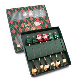 6pcs /Pack Christmas Cartoon Shape Stainless Steel Tableware - Gold - Style A Spoon Fork+Green Box