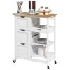 Dining Rolling Kitchen Island, White, with Wood Top, Shelves & Drawers - White