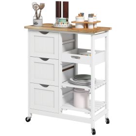 Dining Rolling Kitchen Island, White, with Wood Top, Shelves & Drawers - White