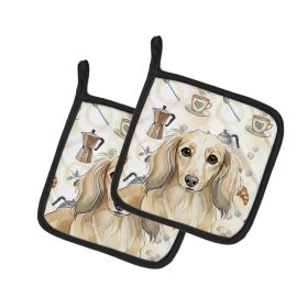 Longhaired Cream Dachshund Coffee Bar Pair of Pot Holders Pair 7.5x7.5 Quilted Insulated Hot Pads Decorative Kitchen Gift Made in USA - Default