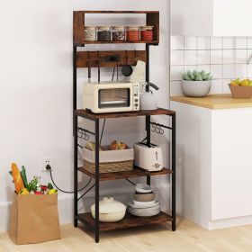 60 Inch Tall Microwave Stand with Open Shelves 10 Hanging Hooks - Brown