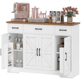 47" Buffet Cabinet with Soft-Close Hinges, Farmhouse Sideboard with 3 Drawers, Adjustable Shelves and Spice Racks, White - White