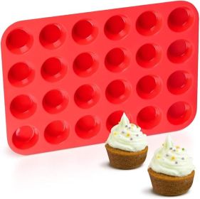Silicone Muffin Pan Mini 24 Cups Cupcake Pan, Nonstick Food Grade Silicone Baking Pan 1 Pack - RED