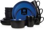 16-Piece Modern Dinnerware Set, Kitchen Plates and Bowls Sets, Service for 4, Blue and Black, Microwave & Dishwasher Safe - blue and black