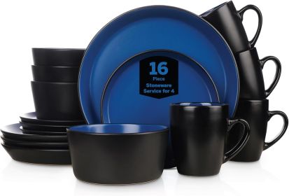 16-Piece Modern Dinnerware Set, Kitchen Plates and Bowls Sets, Service for 4, Blue and Black, Microwave & Dishwasher Safe - blue and black