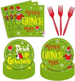 96Pcs Grinchmas Party Supplies Merry Christmas Whoville Winter Holiday Paper Plates and Napkin Tableware Set Xmas Gift for 24 Guests - Round
