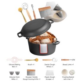 Cast Iron Dutch Oven, 2-in-1 Pre-Seasoned Pot with Skillet Lid, 5QT Cookware Pan with Proofing Basket, Bread Baking Accessories, Bread-Oven Compatible