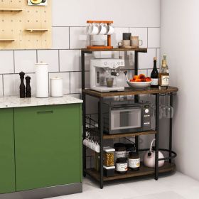 4-Tier Kitchen Bakers Rack with 6 S-Hooks and Stemware Racks - Rustic Brown