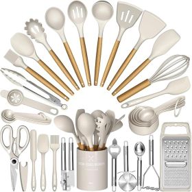 Chef Silicone Kitchen Utensil Set, 34PCS Heat Resistant Kitchen Gadgets and Tools With Grater, Wood Handles for Nonstick Cookware - Silicone, Wood