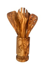 Olive Wood Kitchen Utensil Set with Holder - 6 Piece Hand Carved Wooden Cooking Spoons and Spatula Tools Set for Cooking, Serving, Nonstick Cookware -
