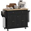 Kitchen Island Cart with Rubber Wood Top, Rolling Kitchen Island Table on Wheels with Drawers, Adjustable Shelves, Spice Rack and Towel Rack for Dinin