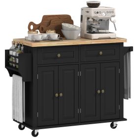 Kitchen Island Cart with Rubber Wood Top, Rolling Kitchen Island Table on Wheels with Drawers, Adjustable Shelves, Spice Rack and Towel Rack for Dinin