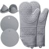 6pcs Pot Holders and Oven Mitts Heat Resistant, Non-Slip Silicone Mini Oven Gloves and Hot Pads for Kitchen,15" Extra Long Oven Gloves for Cooking,Gra