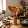 Olive Wood Kitchen Utensil Set with Holder - 6 Piece Hand Carved Wooden Cooking Spoons and Spatula Tools Set for Cooking, Serving, Nonstick Cookware -