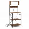 60 Inch Tall Microwave Stand with Open Shelves 10 Hanging Hooks - Brown