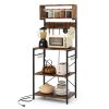 60 Inch Tall Microwave Stand with Open Shelves 10 Hanging Hooks - Brown