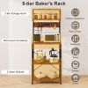 60 Inch Tall Microwave Stand with Open Shelves 10 Hanging Hooks - Brown