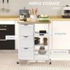 Dining Rolling Kitchen Island, White, with Wood Top, Shelves & Drawers - White