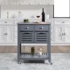 Mobile Rolling Kitchen Island Trolley Serving Cart with Underneath Drawer & Slide-Out Wire Storage Basket - Grey - Wood