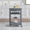 Mobile Rolling Kitchen Island Trolley Serving Cart with Underneath Drawer & Slide-Out Wire Storage Basket - Grey - Wood + Stainless Steel