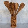Olive Wood Kitchen Utensil Set with Holder - 6 Piece Hand Carved Wooden Cooking Spoons and Spatula Tools Set for Cooking, Serving, Nonstick Cookware -