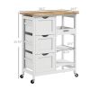 Dining Rolling Kitchen Island, White, with Wood Top, Shelves & Drawers - White
