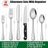 49-piece cutlery set with organizer and steak knives, stainless steel flatware set for 8 people for home kitchen, cutlery set, includes spoon - Silver