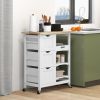Dining Rolling Kitchen Island, White, with Wood Top, Shelves & Drawers - White
