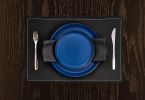 16-Piece Modern Dinnerware Set, Kitchen Plates and Bowls Sets, Service for 4, Blue and Black, Microwave & Dishwasher Safe - blue and black
