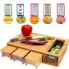 Bamboo Cutting Board with Food Containers, Wooden Chopping Board with Storage Trays, Cheese Grater and Juice Groove for Meat, Vegetables and Kitchen F