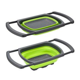 Strainers and Colanders with Extendable Handles Collapsible Colander Strainer Over The Sink Veggies Fruit Pasta Folding Strainer for Kitchen (Color: Green)